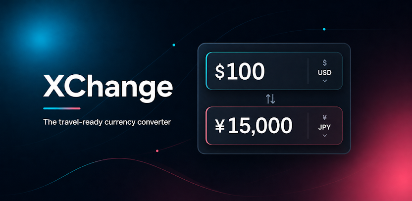 XChange feature graphic with a US dollar to Japanese yen conversion